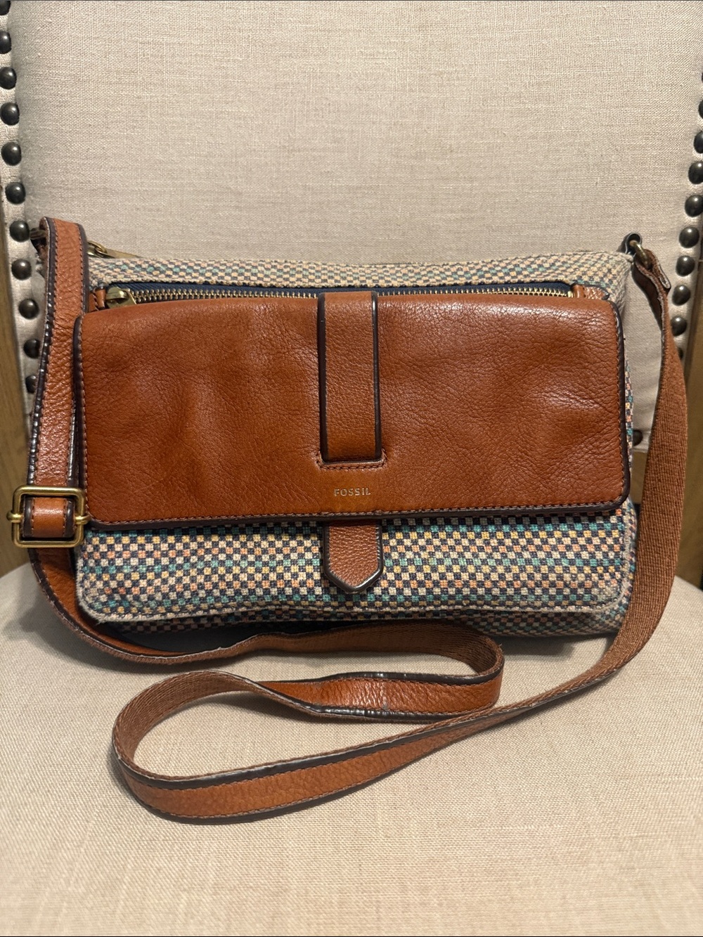 Fossil Multicolor Woven Crossbody with Leather Trim Bag